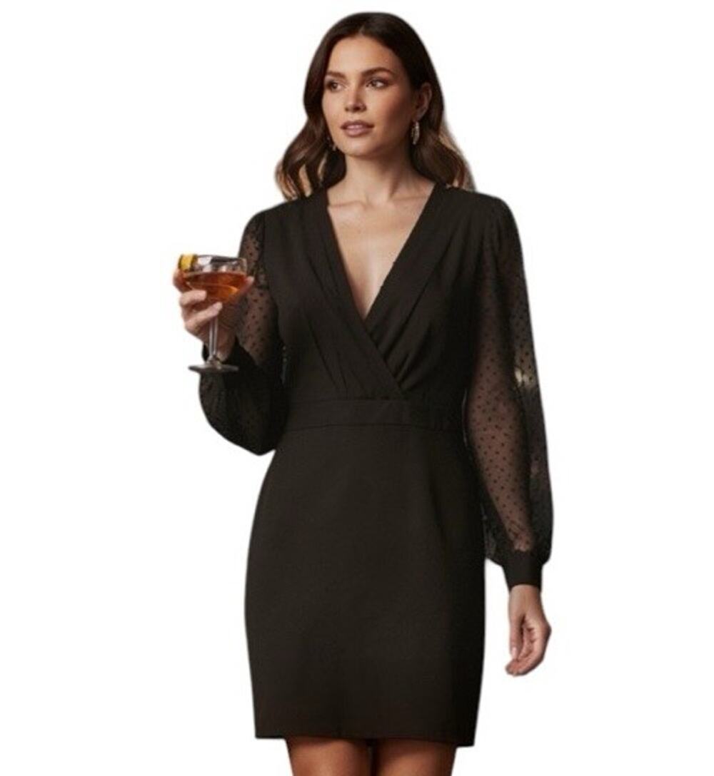 Grace Karin Black Sheath Dress VNeck Long Balloon Sleeves Sheer Polka Dot Size M